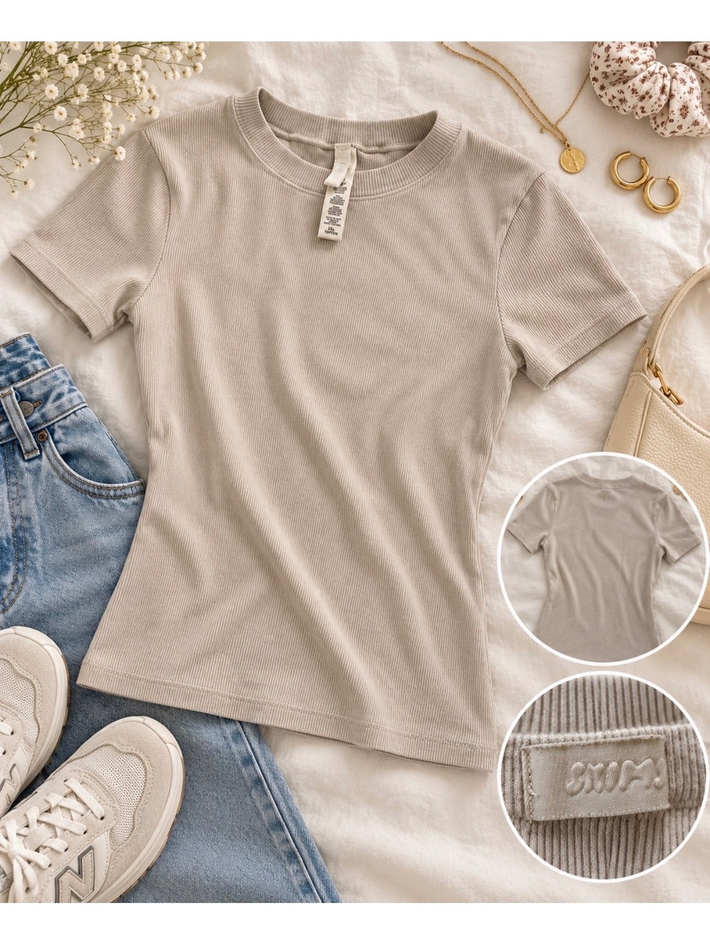 Skims Neutral Beige Ribbed Short Sleeve Fitted Tee Women’s Basic Top